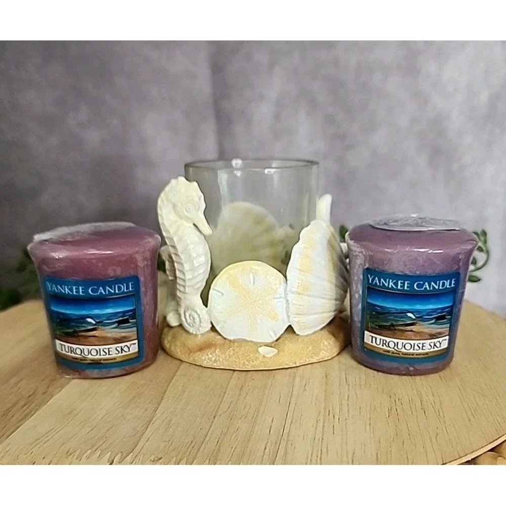 Yankee Candle Turquoise Sky Votive Candles & Seashell Beach Glass Candle Holder